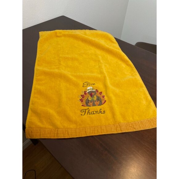 Thanksgiving Harvest Embroidered "Give Thanks" Yellow Kitchen Towel By Harvest - Picture 3 of 7